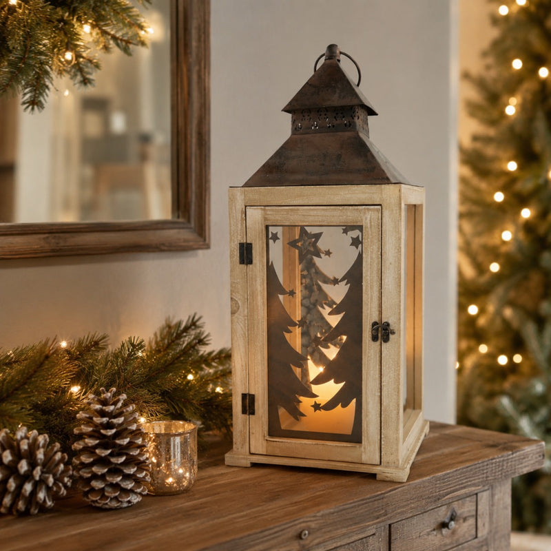 Laterne mit Weihnachtsbaum-Dekor | 24×57 cm | Holz, Glas & Metall | Braun | 70177