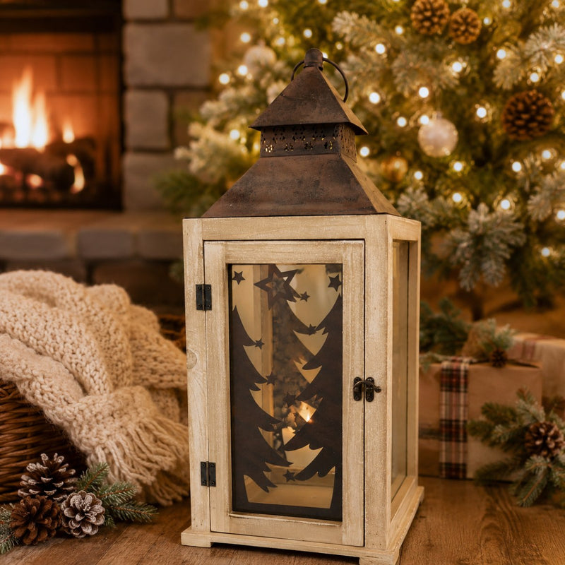 Laterne mit Weihnachtsbaum-Dekor | 24×57 cm | Holz, Glas & Metall | Braun | 70177