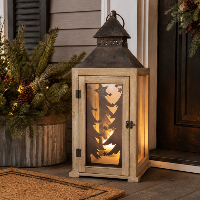 Laterne mit Weihnachtsbaum-Dekor | 24×57 cm | Holz, Glas & Metall | Braun | 70177