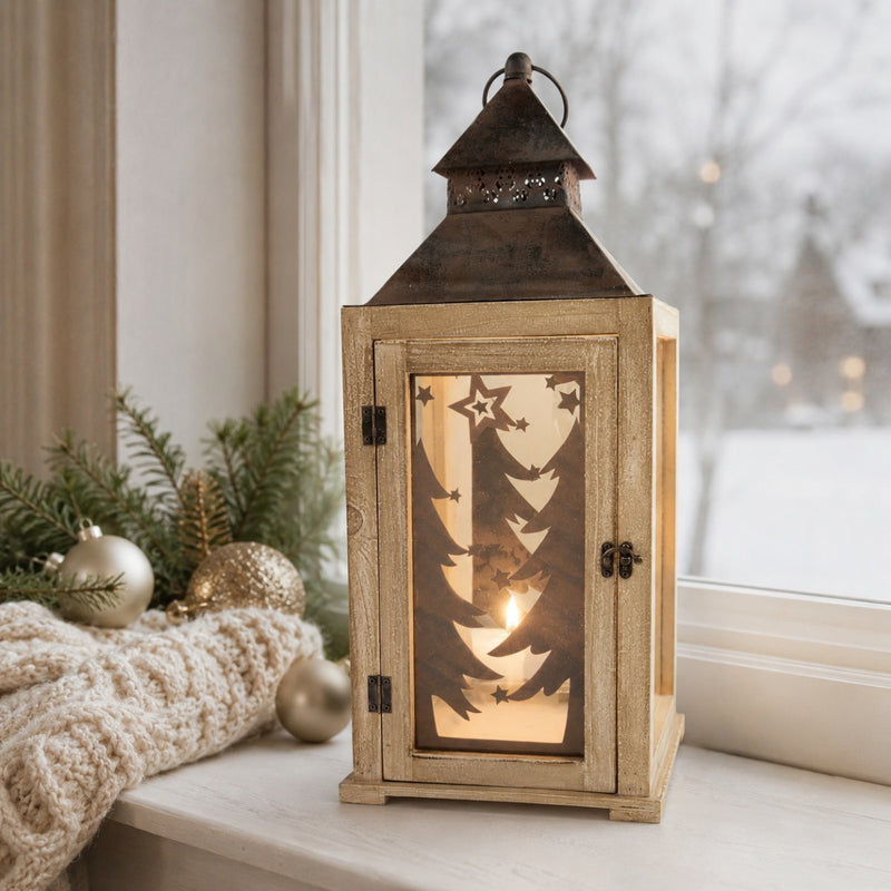 Laterne mit Weihnachtsbaum-Dekor | 24×57 cm | Holz, Glas & Metall | Braun | 70177