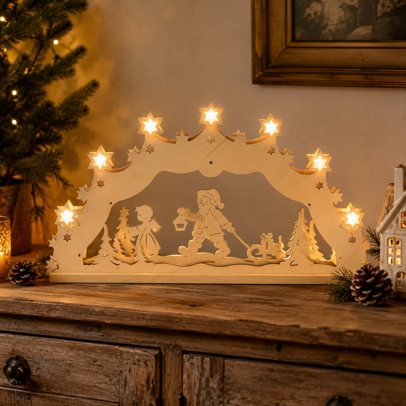 Original Erzgebirge Lichterbogen "Weihnachtsmann mit Engel" 55 cm | 13001