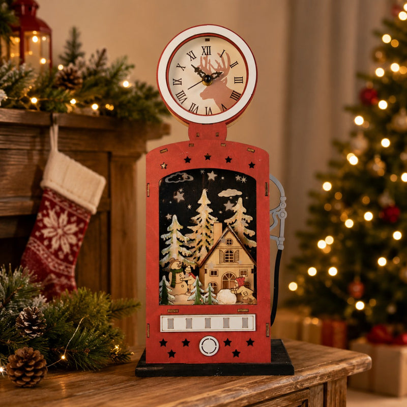 Weihnachtsdeko Retro-Zapfsäule mit Uhr & LED | Holz Rot | 14×40 cm | 76206