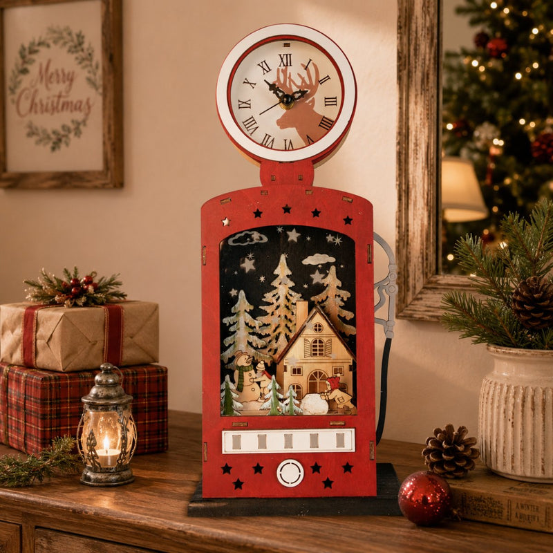 Weihnachtsdeko Retro-Zapfsäule mit Uhr & LED | Holz Rot | 14×40 cm | 76206