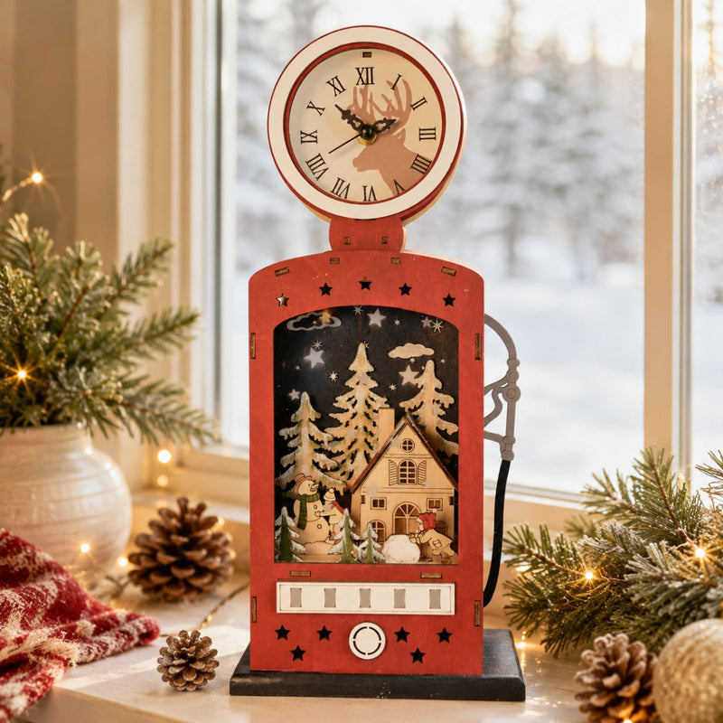 Weihnachtsdeko Retro-Zapfsäule mit Uhr & LED | Holz Rot | 14×40 cm | 76206