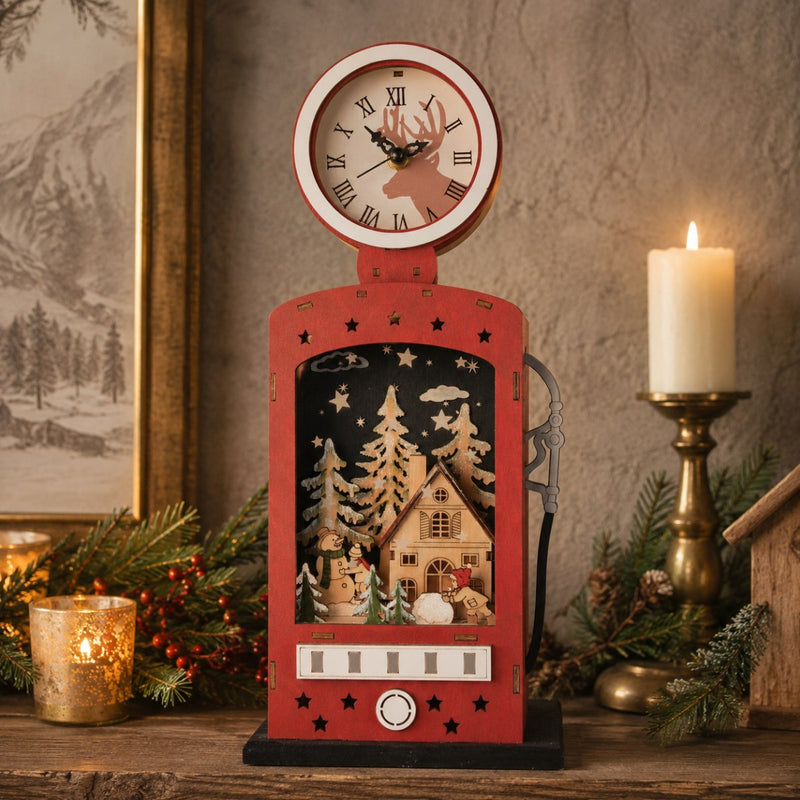 Weihnachtsdeko Retro-Zapfsäule mit Uhr & LED | Holz Rot | 14×40 cm | 76206