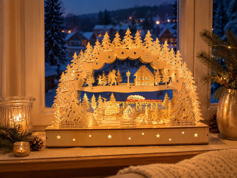 Schwibbogen "Dorflandschaft mit Zug" 45 x 32 cm - LED Fensterleuchter mit Timer | 76119