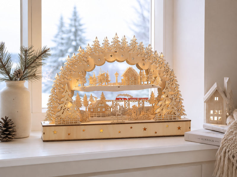 Schwibbogen "Dorflandschaft mit Zug" 45 x 32 cm - LED Fensterleuchter mit Timer | 76119