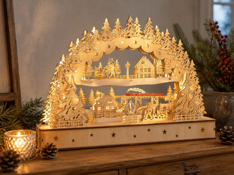 Schwibbogen "Dorflandschaft mit Zug" 45 x 32 cm - LED Fensterleuchter mit Timer | 76119