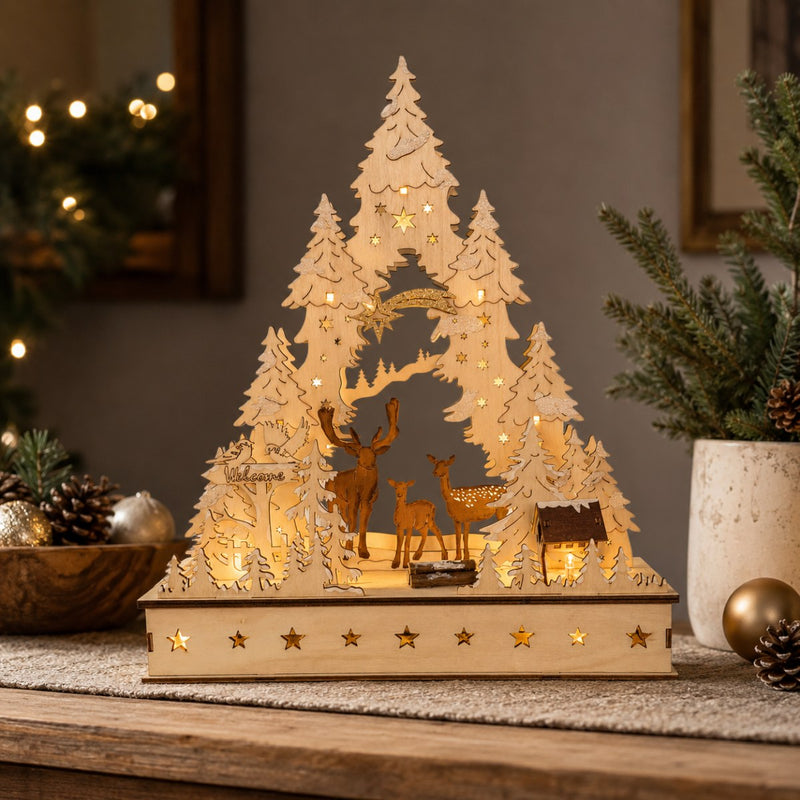 Riffelmacher LED Schwibbogen "Hirsche und Tannen" 29 x 39 cm - 76145 | Natur