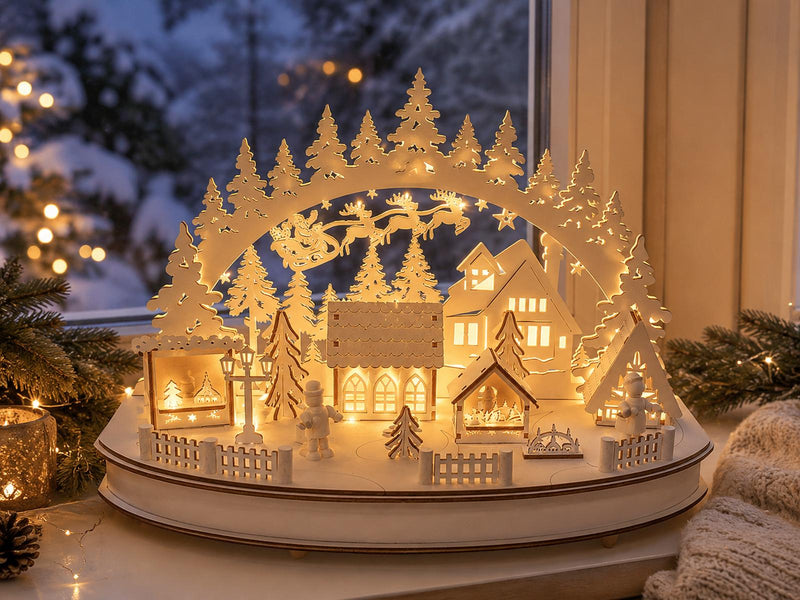 Riffelmacher LED Schwibbogen "Weihnachtsmarkt" mit Timer 36 x 25cm - 76516 | Weiß