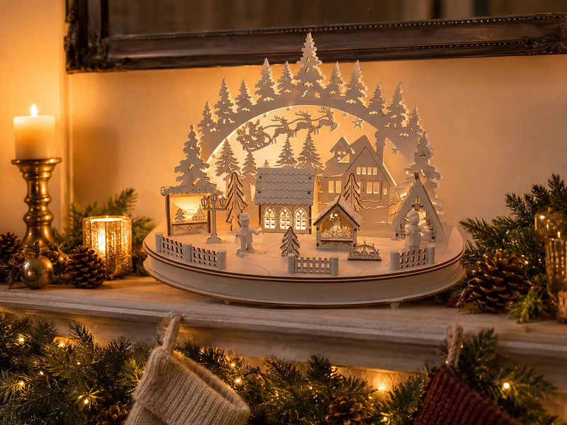 Riffelmacher LED Schwibbogen "Weihnachtsmarkt" mit Timer 36 x 25cm - 76516 | Weiß