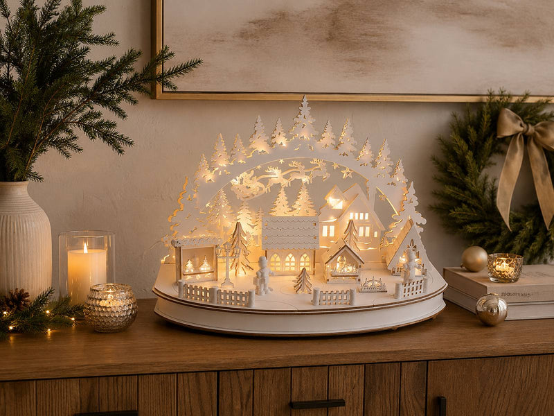 Riffelmacher LED Schwibbogen "Weihnachtsmarkt" mit Timer 36 x 25cm - 76516 | Weiß
