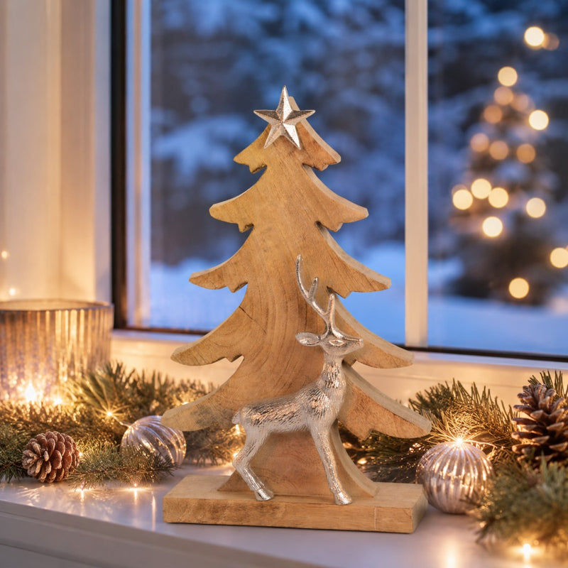 Riffelmacher Deko Weihnachtsbaum mit Hirsch 74553 - Mangoholz Aluminium - Natur Silber - 39,5 x 24,5