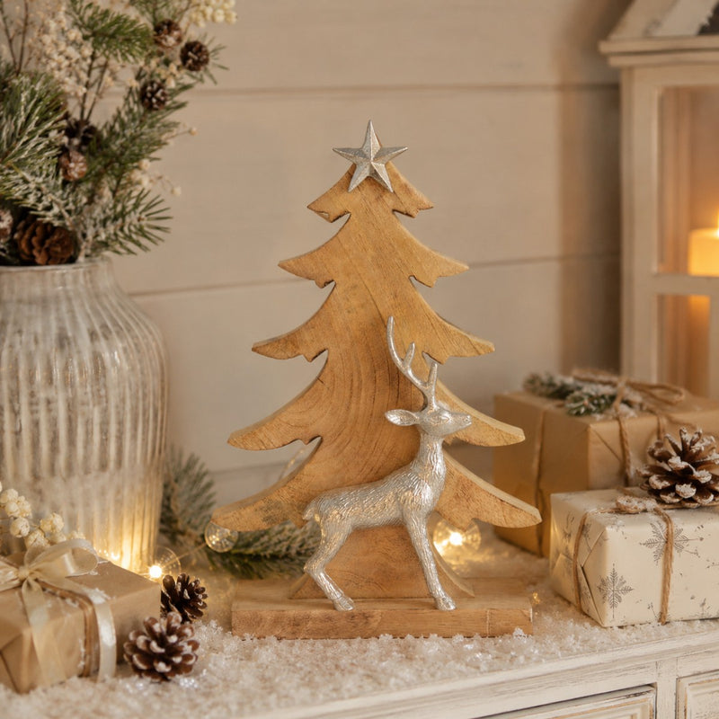Riffelmacher Deko Weihnachtsbaum mit Hirsch 74553 - Mangoholz Aluminium - Natur Silber - 39,5 x 24,5