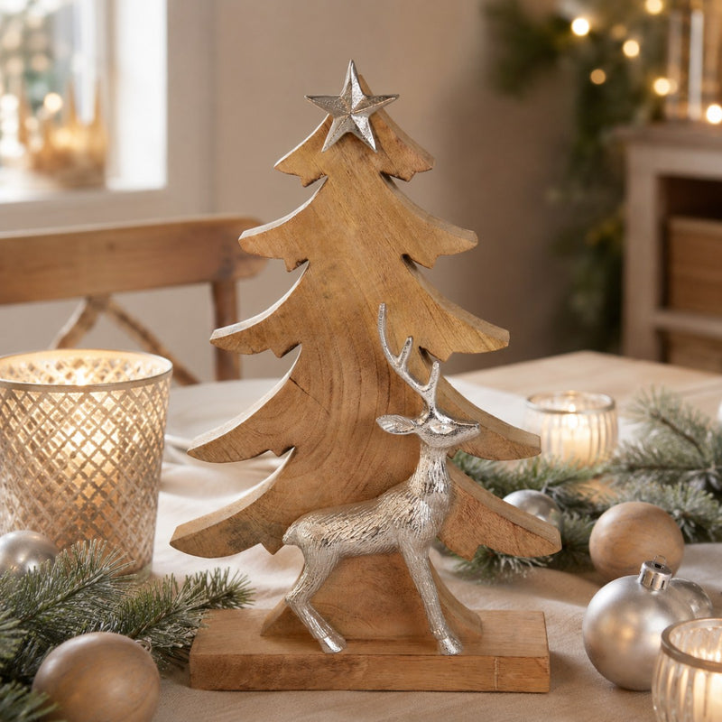 Riffelmacher Deko Weihnachtsbaum mit Hirsch 74553 - Mangoholz Aluminium - Natur Silber - 39,5 x 24,5