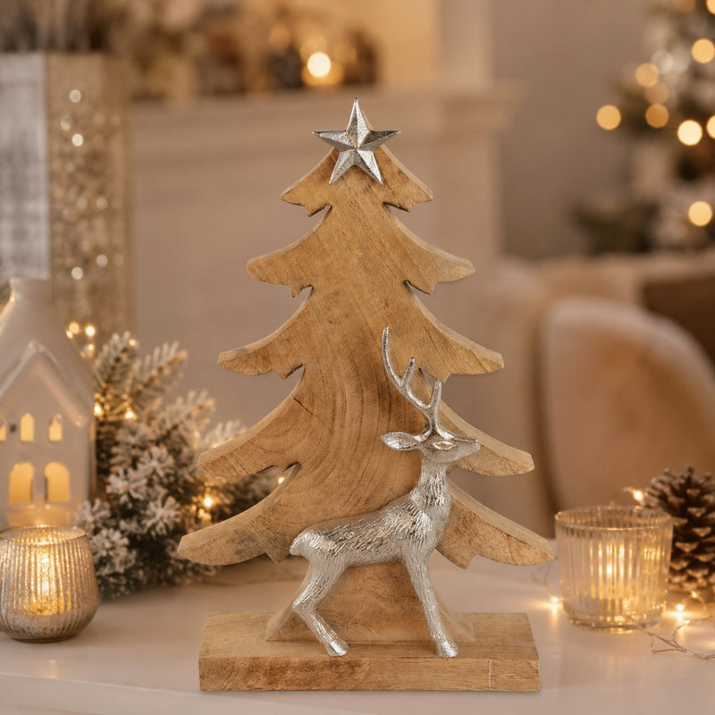 Riffelmacher Deko Weihnachtsbaum mit Hirsch 74553 - Mangoholz Aluminium - Natur Silber - 39,5 x 24,5