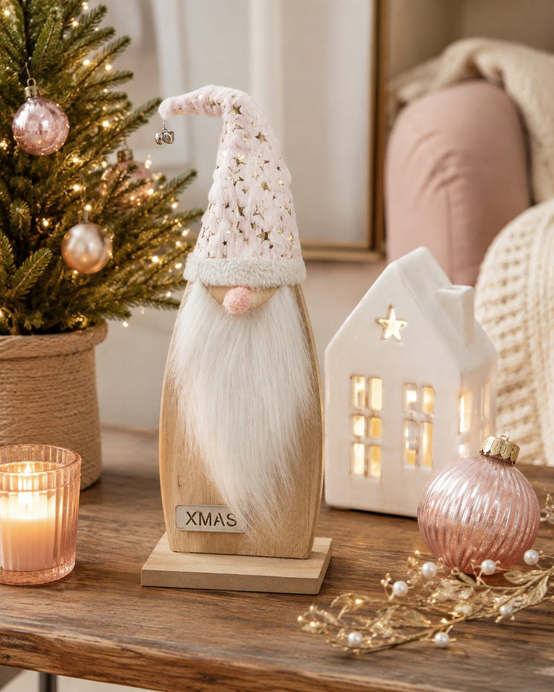 Weihnachtsmann Figur | Holz Rosa mit Stoffmütze | 14×40 cm | 74344