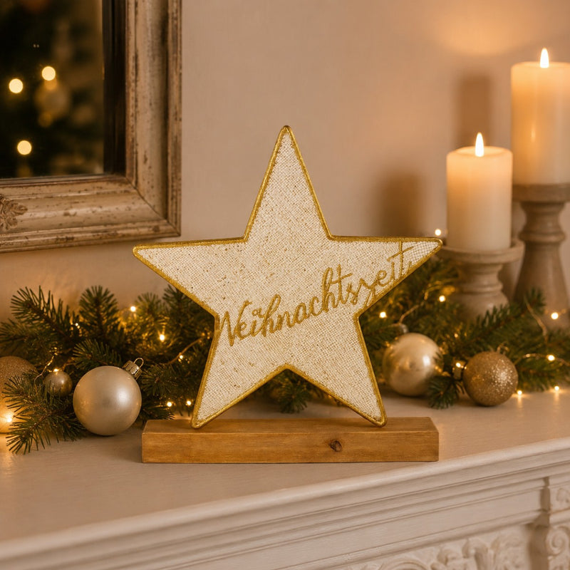 Weihnachtszeit - goldener Stern auf Holzsockel 30*32*5 cm - 75233