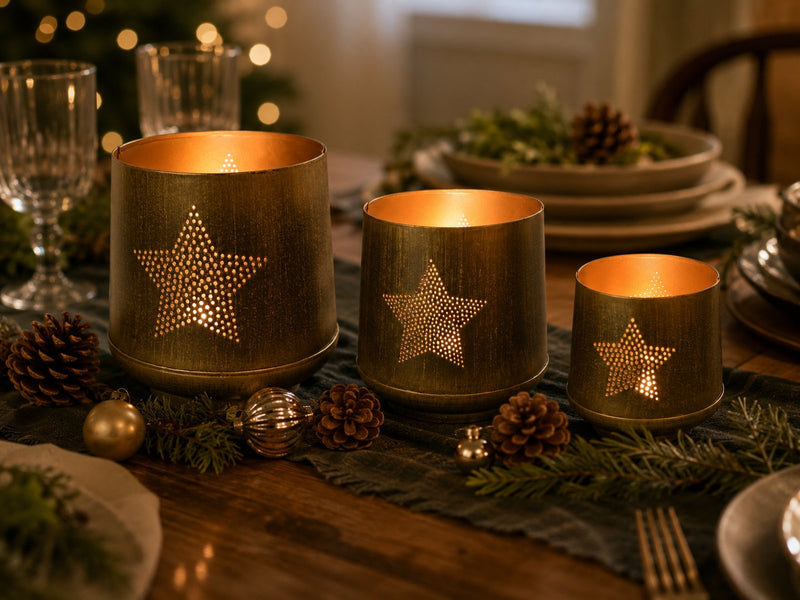 Windlicht Set 3-teilig | Stern & Baum Design | Gold Bronze Metall | 19155
