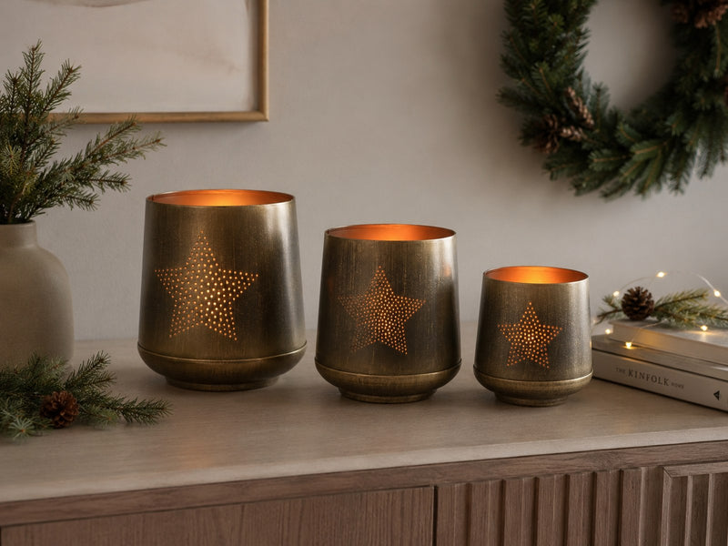 Windlicht Set 3-teilig | Stern & Baum Design | Gold Bronze Metall | 19155