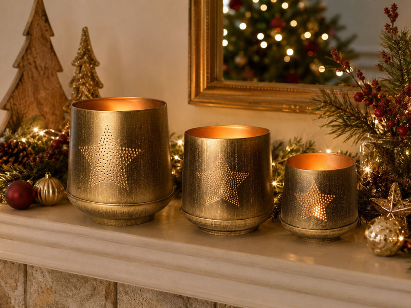 Windlicht Set 3-teilig | Stern & Baum Design | Gold Bronze Metall | 19155