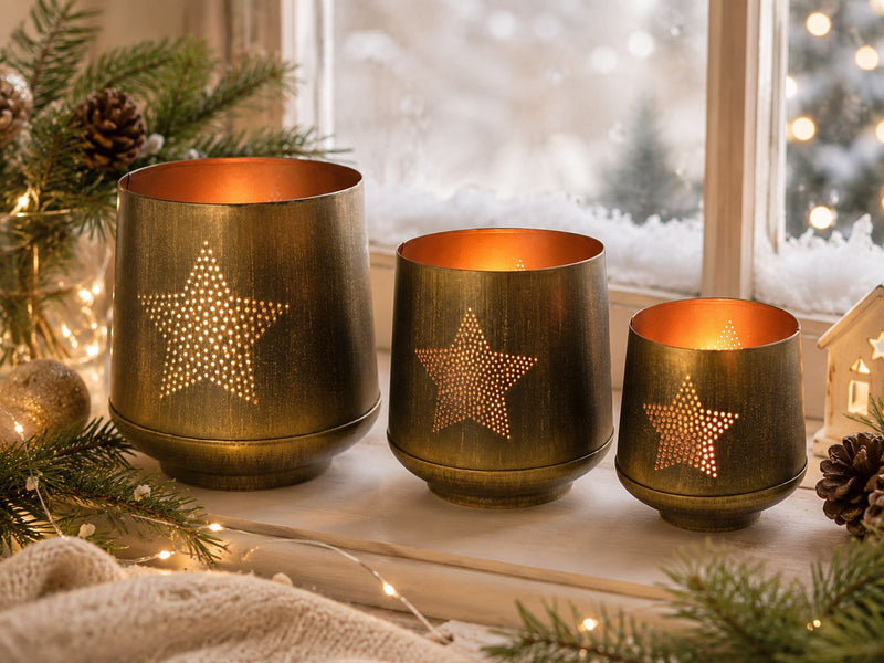 Windlicht Set 3-teilig | Stern & Baum Design | Gold Bronze Metall | 19155