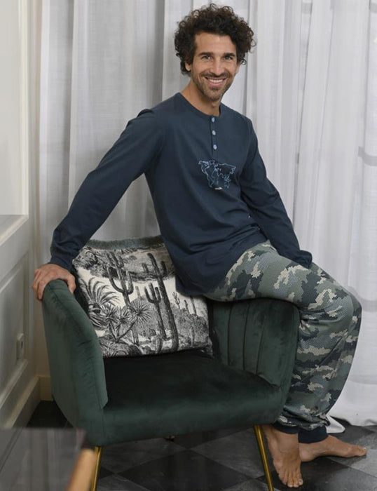 RINGELLA Herren Langarm Pyjama "World Map" 2541201 | Dark Petrol