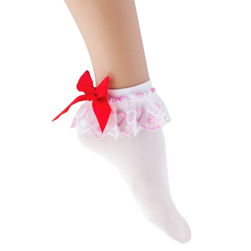 Damen Rüschenstrümpfe mit Schleife und Herzen | Weiß Rot