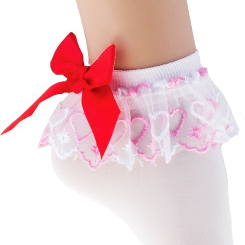Damen Rüschenstrümpfe mit Schleife und Herzen | Weiß Rot