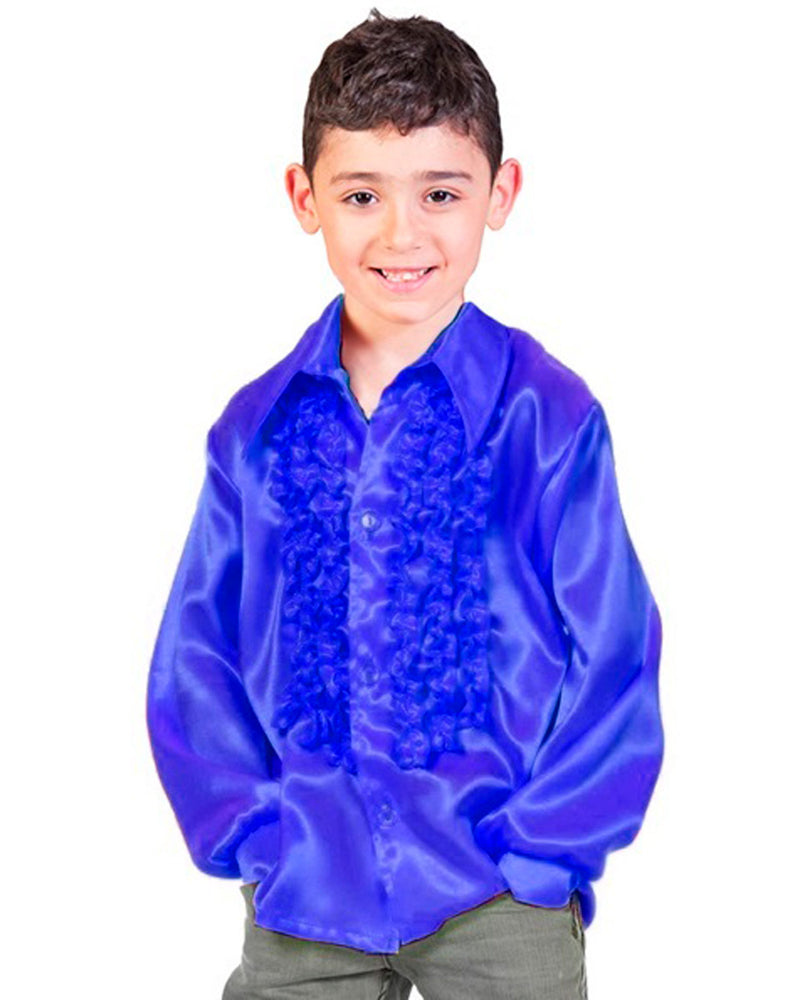 70er Jahre Satin Rüschenhemd "Johnny" für Kinder | Blau