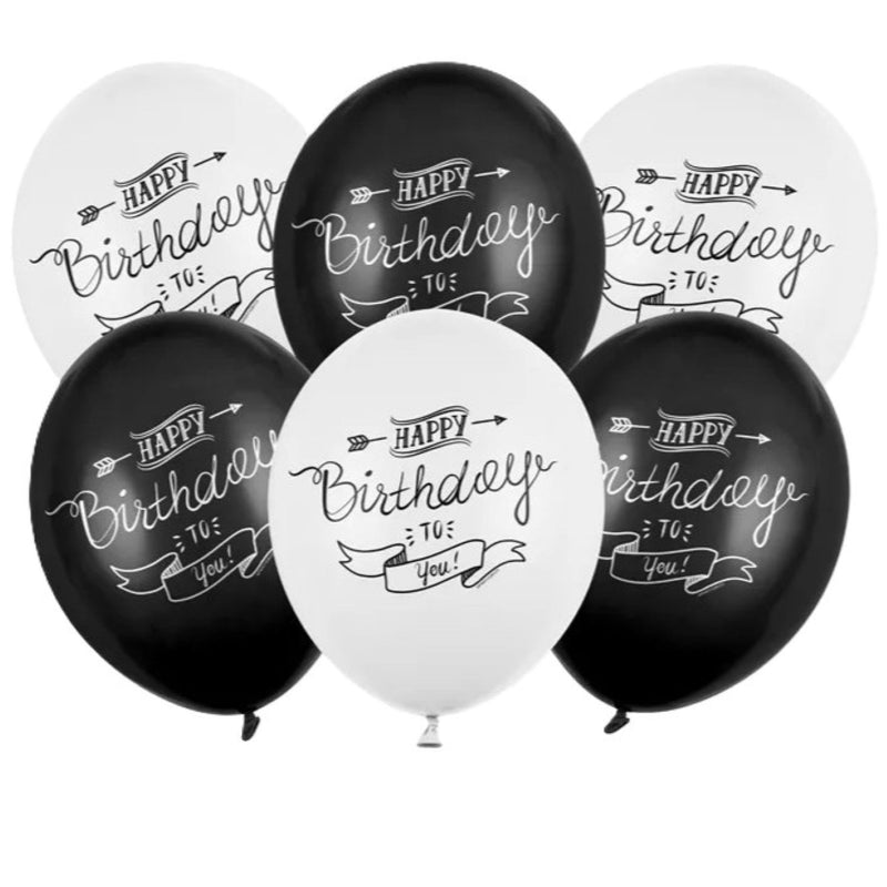 6 Stk. Luftballon Ø30cm "Happy Birthday to you!" | Schwarz Weiß