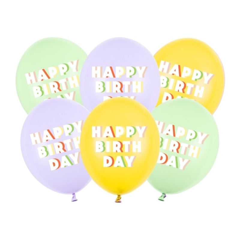 6 Stk. Luftballon Ø30cm "Happy Birthday" | Pastell Gelb/Lila/Grün