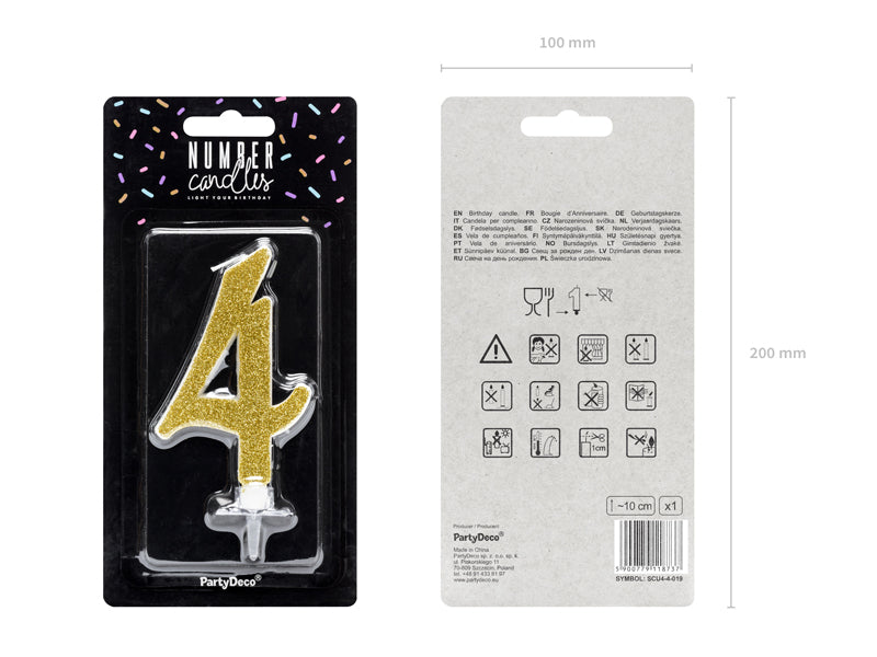 Geburtstagskerze Glitter Gold - 10 cm | Ziffer ''4''