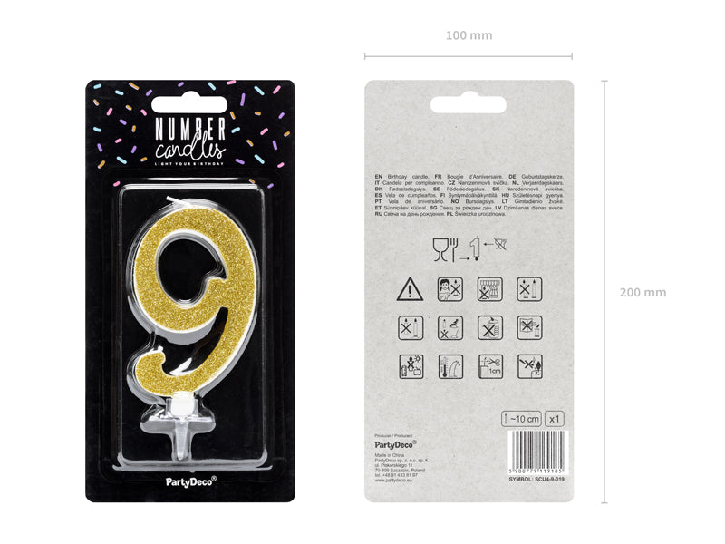 Geburtstagskerze Glitter Gold - 10 cm | Ziffer ''9''