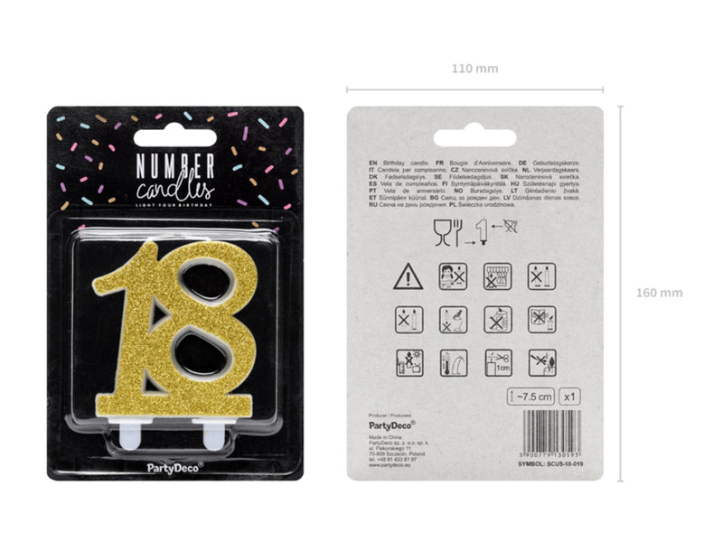Geburtstagskerze Glitter Gold - 10 cm | Ziffer ''18''