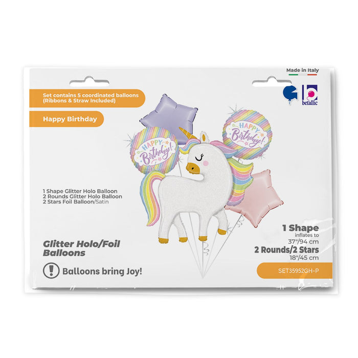 SET Shape Folienballon Einhorn "Happy Birthday" | 1 Shape, 2 Rundballons, 2 Sterne