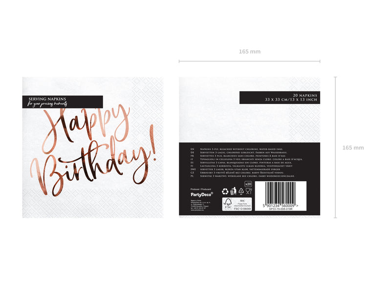 Servietten "Happy Birthday Roségold" 20Stk./33x33cm