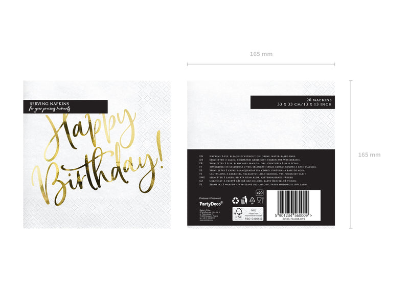Servietten "Happy Birthday Gold" 20Stk./33x33cm