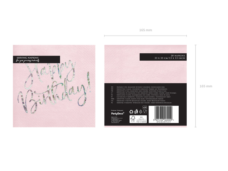 Servietten "Happy Birthday" 20Stk./33x33cm | Rosa