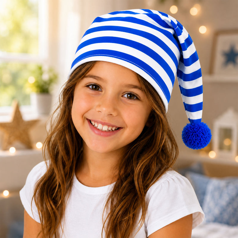 Kinder Schlafmütze mit Bommel - Baumwolle | Blau Weiß
