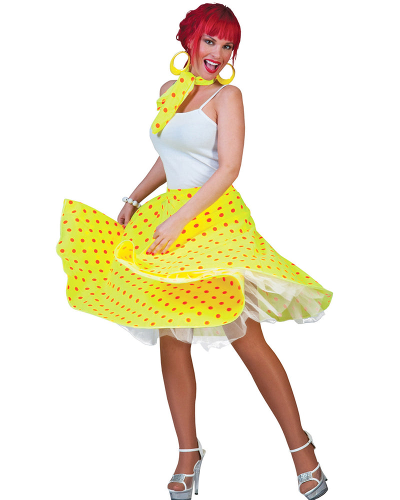 50er Jahre Kostüm - Damen Tellerrock mit Halstuch | Gelb Orange
