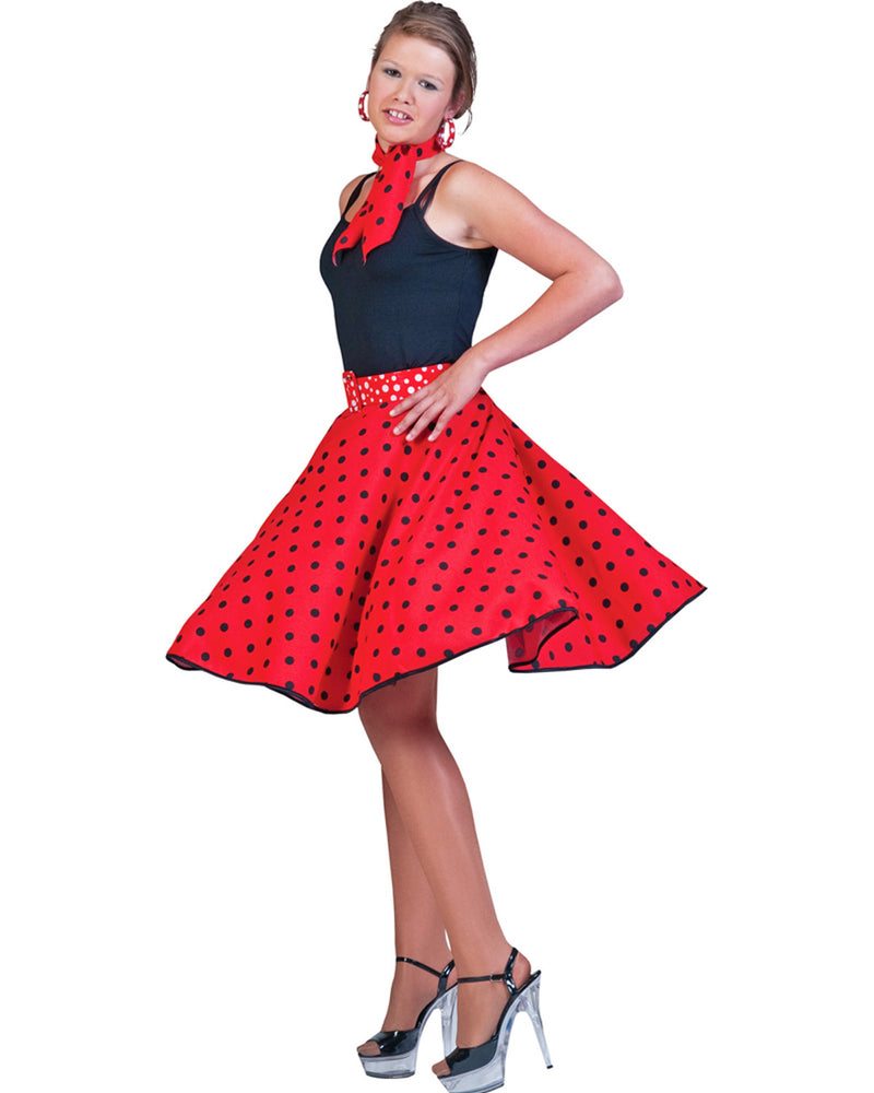50er Jahre Kostüm - Damen Tellerrock mit Halstuch | Rot Schwarz