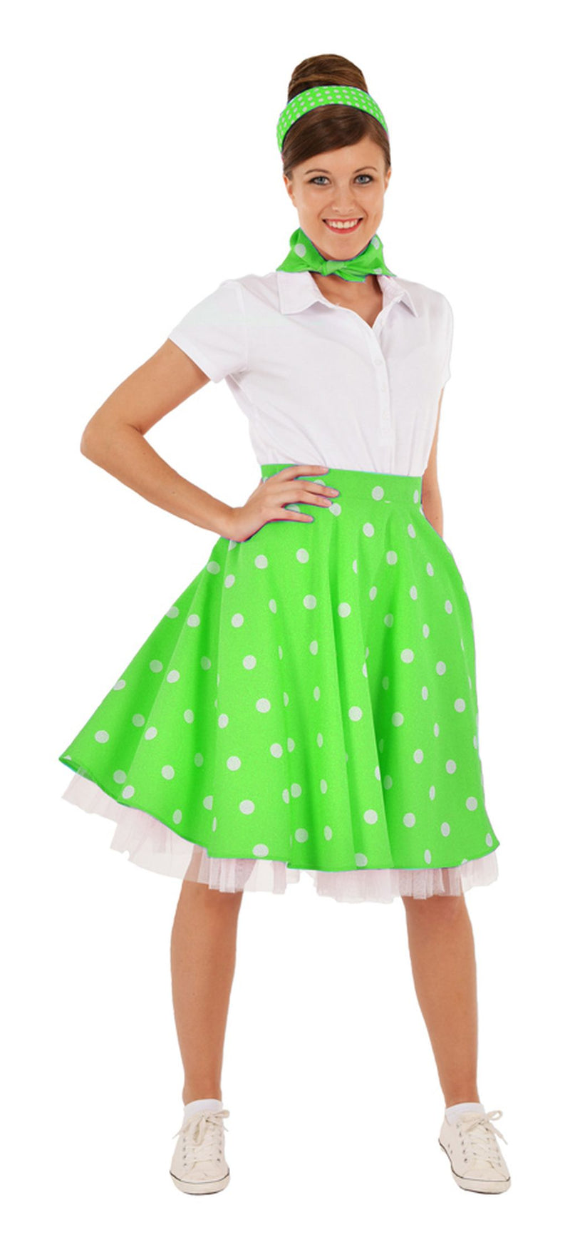50er Jahre Kostüm - Damen Tellerrock mit Halstuch | Grün Weiß