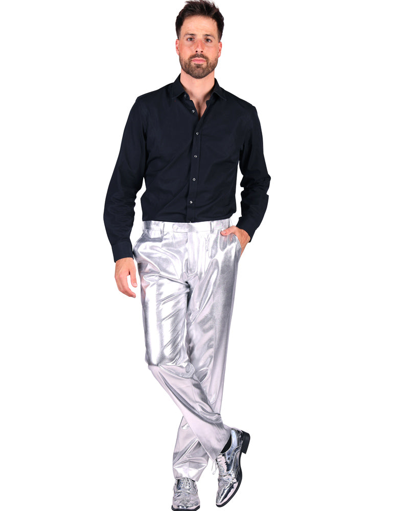80er Jahre Disco Hose für Herren - Metallic Silber | Retro Party Kostüm