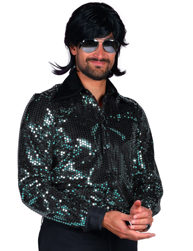 Show Pailletten Hemd "Night Fever" für Herren - Türkis | Disco Party 70er Jahre Kostüm