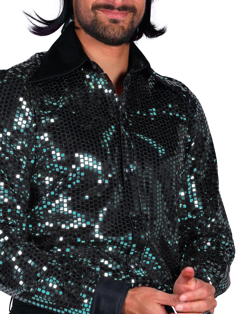 Show Pailletten Hemd "Night Fever" für Herren - Türkis | Disco Party 70er Jahre Kostüm