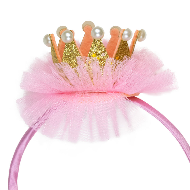 Prinzessin Glitzer Krone mit Perlen und Rüschen | Haarreif Rosa