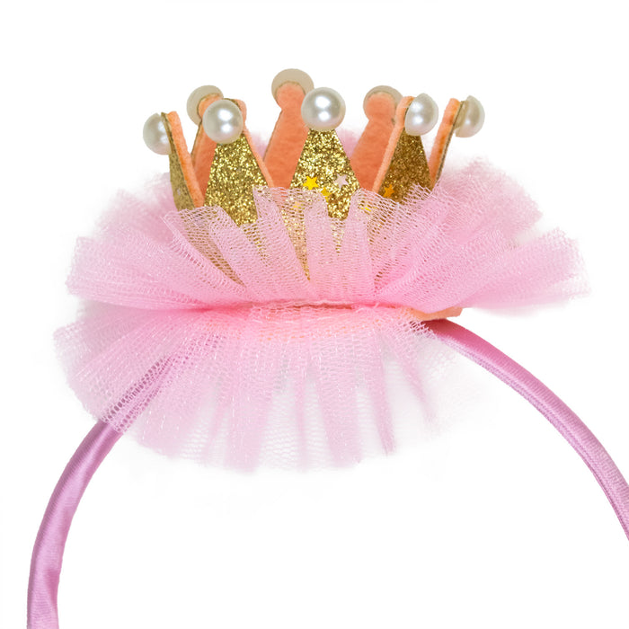 Prinzessin Glitzer Krone mit Perlen und Rüschen | Haarreif Rosa