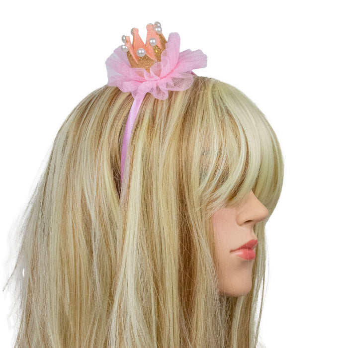Prinzessin Glitzer Krone mit Perlen und Rüschen | Haarreif Rosa