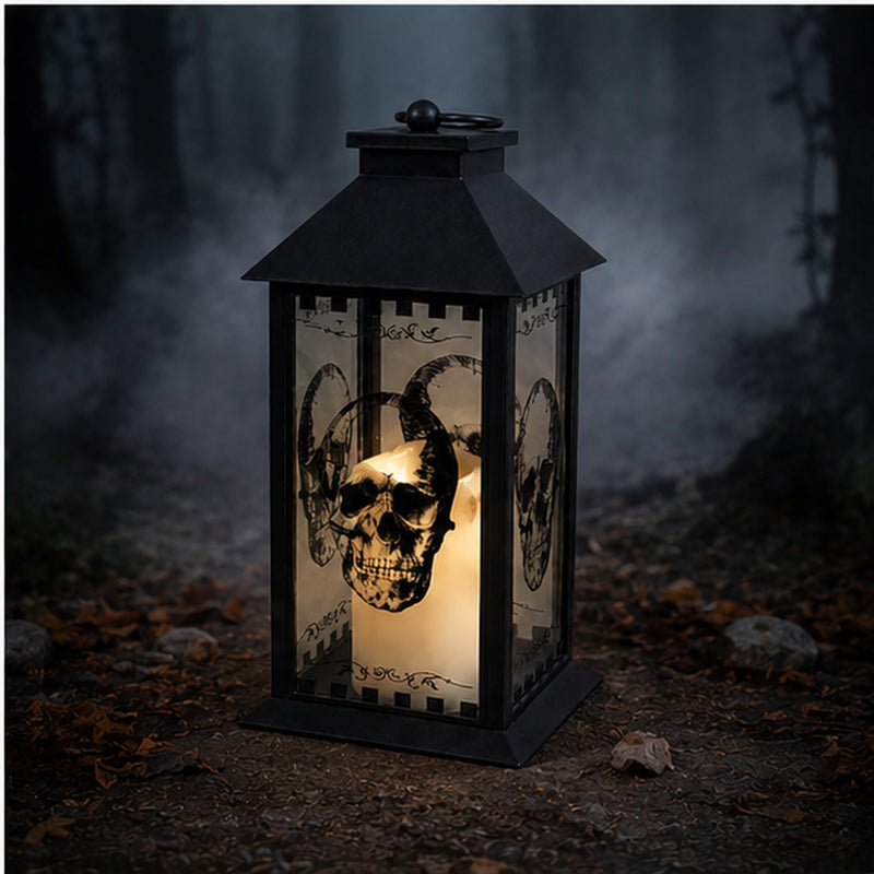 Große Totenkopf Laterne mit LED Kerze - 29 cm | Schwarz